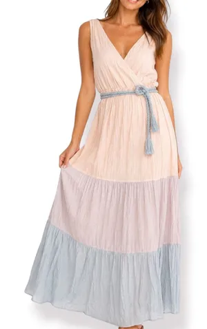 Flying Tomato Maxi Dress Blush Pink Blue Colorblock Crinkle Boho Resort Belted thumbnail 1