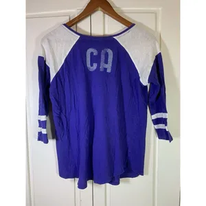 Y2K Lucky Brand Shirt Womens XS‎ Colorblock Purple Sporty 3/4 Sleeve READ thumbnail 4
