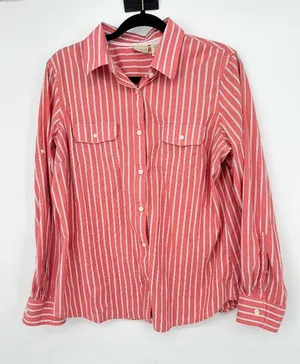 LL Bean Oxford Shirt Womens XL Red Striped Cotton Long Sleeve Casual Button Top‎ thumbnail 1