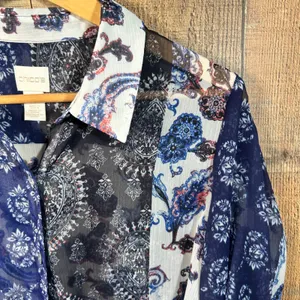 Chico's Blue Paisley Sheer Button Up Roll Tab Sleeve Front Tie Top Size 1 Boho thumbnail 6