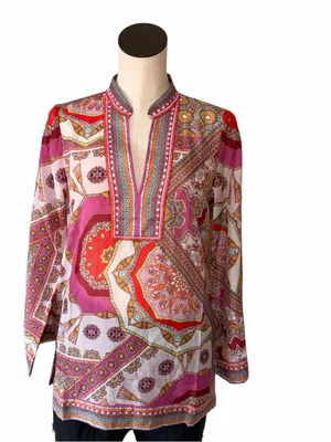 NWT HALE BOB Joanna Voile Fuchsia Beaded Long Flared Sleeve Tunic Top Silk Blend thumbnail 6