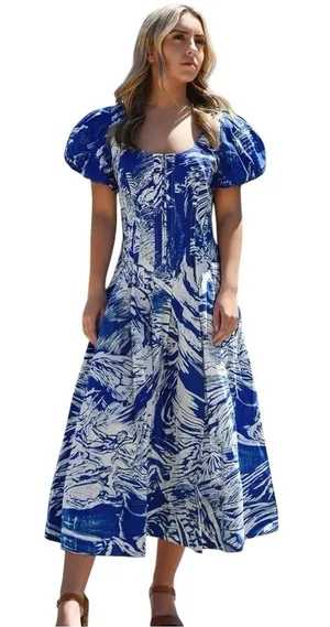 Jessie Zhao Blue Printmaking Scoop Neck Cotton Midi Dress Size 8 thumbnail 1