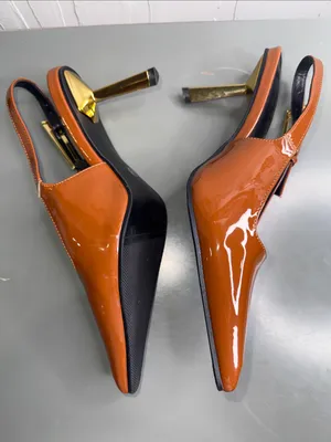 Ding Xiang Pointed Patent Slingback Heels in Cognac by thumbnail 5