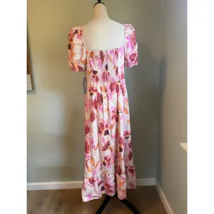 London Times Floral Linen Puff Midi Dress Pink 10 Boho resort whimsigoth cottage dainty roman thumbnail 5