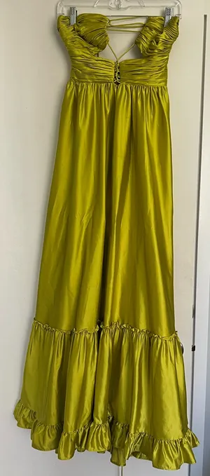 Mac Duggal Gown 68486 Women’s Green Ruched Tiered Criss-Cross Spaghetti Strap thumbnail 3