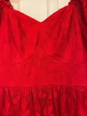 SBetro Plus 1XL Red Lace Overlay Puff Sleeve Sweetheart Mini Dress Coquette NWT thumbnail 9