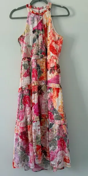 Vince Camuto Pink White Sleeveless Floral Chiffon Ruffle Tiered Midi Dress 6 thumbnail 1