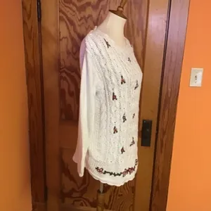 Vintage 90s Cottagecore Floral Embroidered Sweater Cream Knit Cozy Boho thumbnail 8