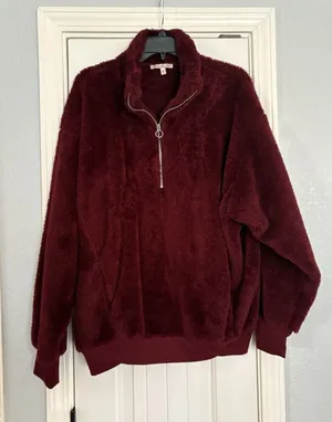 Express‎ One Eleven Fleece Pullover Women Medium Burgundy Excellent Sherpa Zip thumbnail 1