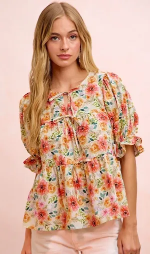 BiBi Flower Printed Shirring Detail Blouse Top - Flower - Medium thumbnail 1