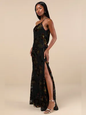 Lulu's Ethereal Entrance Black Velvet Burnout One-Shoulder Maxi Dress thumbnail 3