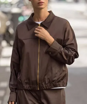 Zara NWT brown satin collared jacket thumbnail 1