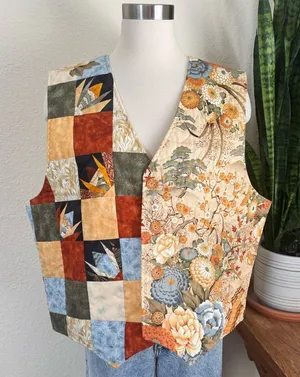 Vintage Patchwork Floral‎ Quilted Vest Reversible Boho Fall Layering large Orange thumbnail 1
