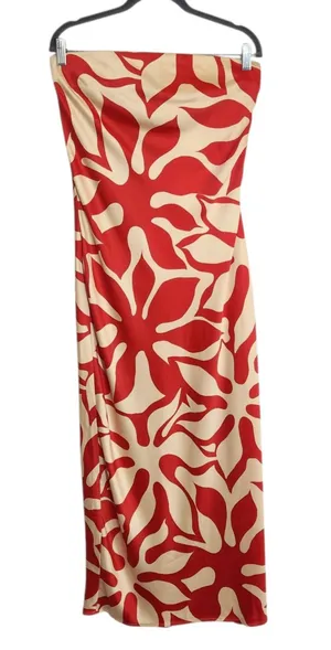 House of Harlow Red and Cream Tropical Print Satin Strapless Maxi Dress Size Med thumbnail 1