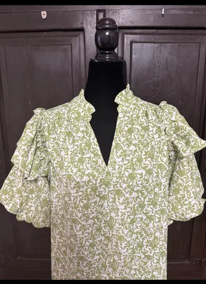 Green & white floral Boho Blouse with ruffled Puff sleeves- Size Medium. ***Refer to measurements. Gently warn and excellent condition. Measurements approximately 21” x 24” long. Material is 100% polyester. Non-smoking home . Priced at as is condition. Don’t like my price make a reasonable offer! And thank you for checking my closet! thumbnail 3