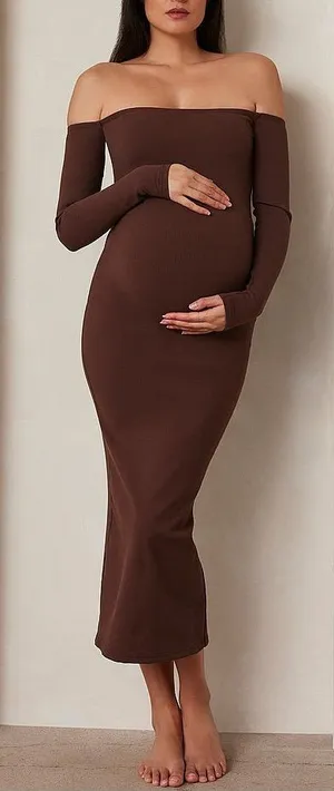 NWT Bumpsuit Sculpting Rib Off Shoulder Maternity Dress XS Brown Bodycon Midi thumbnail 1