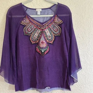 Chico's Top Purple 1‎ Women Embellished Sheer Bell Sleeve Boho thumbnail 2