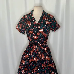 EVA‎ ROSE Tiger Flower Field Knee Length Shirt Dress Shirtdress Tie Waist Small thumbnail 3