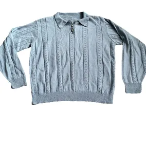 Women's Blue Long Sleeve Knit Eyelet Collared Sweater‎ Preppy Classy Size Med. thumbnail 2