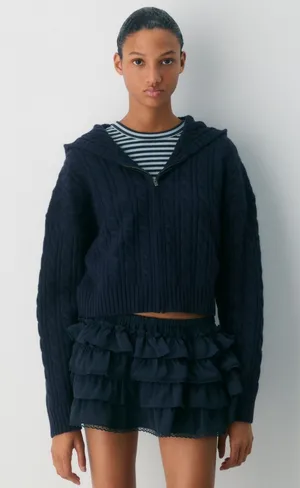 Aritzia Sunday Best Octavia Navy Blue Cable Knit Zip Cropped Hoodie Sweater XS‎ thumbnail 1