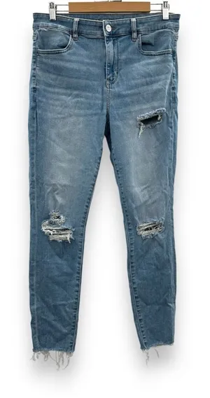 American Eagle Hi-Rise Light Wash Distressed Raw Hem Skinny Jegging‎ Jeans Sz 14 thumbnail 1
