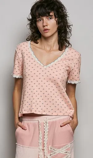 POL Floral V-Neck Short Sleeve Rib T-Shirt - Soft Pink - Medium thumbnail 1