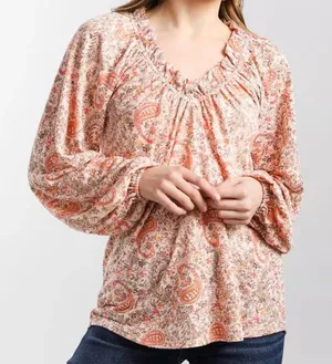Daytrip Boho Peasant Blouse Top Blush Floral Paisley Print Women’s Medium M thumbnail 1