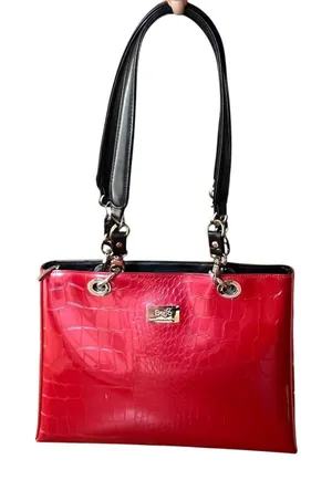 Beijo Shoulder Briefcase Bag Womens Lg Red Croc Embossed Faux Leather Tote Purse thumbnail 1