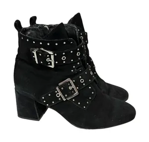 Rebecca Taylor Logan Black Suede Studded Buckle Heel Booties‎ Size 7 thumbnail 1