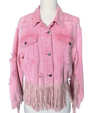 Cropped Pink Distressed Fringe Denim Jean Jacket L Western Cowgirl Festival thumbnail 1