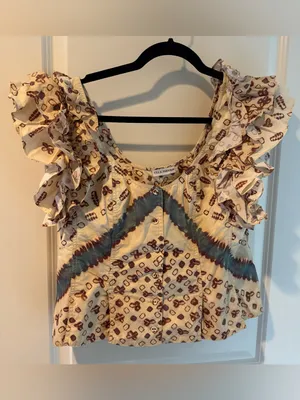Ulla Johnson Mila Ruffled Sleeve Floral Peplum Top in Cream | Size 12 / L thumbnail 2