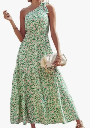 PrettyGarden One-Shoulder Green Floral Maxi Dress Size Medium‎ thumbnail 1