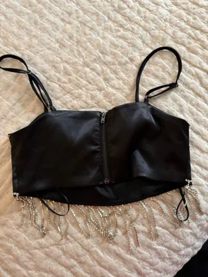 Altar'd State Black satin two piece set with diamond fringe thumbnail 8
