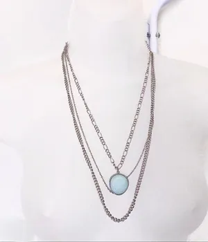Boho hippie indie Faux Turquoise Pendant Silver Tone Necklace Multi Strand layered chain thumbnail 1