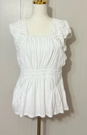 Sundance White Ruched Smocked Cotton Modal Short Sleeve Blouse Top Size S thumbnail 1