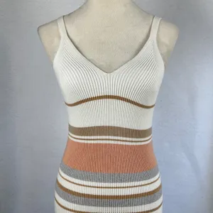 Striped Ribbed Knit Midi Dress‎ Spaghetti Strap V Neck Bodycon Womens Small thumbnail 2