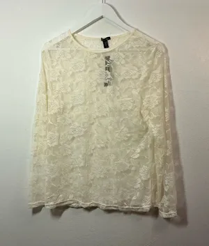 Feathers Cream Floral Lace Long-Sleeve Top Size 1X thumbnail 1