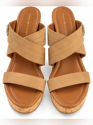 Tommy Hilfiger Tan Cork Wedge Sandals Gold Logo Size 10M thumbnail 2
