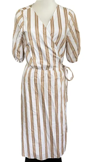 Ann Taylor Striped Midi Wrap Dress Sz M White Brown Puff Sleeves Coastal Chic thumbnail 1