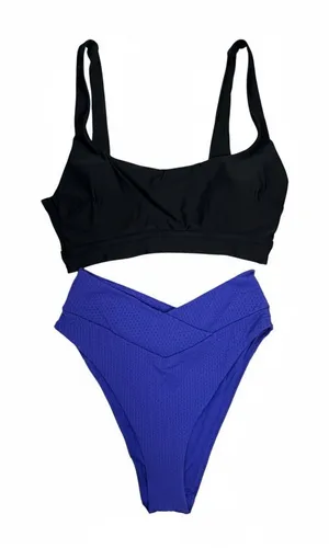 Aerie Two-Piece Bikini Swimsuit Black & Purple | Textured High-Waist Bottom thumbnail 1