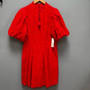 Eliza J Floral Embroidered Puff Sleeve Cotton Fit & Flare Dress in Red 14 thumbnail 5