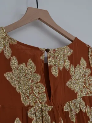 Anthropologie Jocasta Tiered Maxi Dress Burnt Orange Gold Metallic XS thumbnail 6