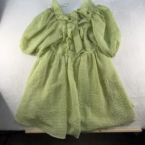 Mable M Medium Babydoll Mini Dress Green Textured Puff Sleeves Pockets‎ Coquette thumbnail 9