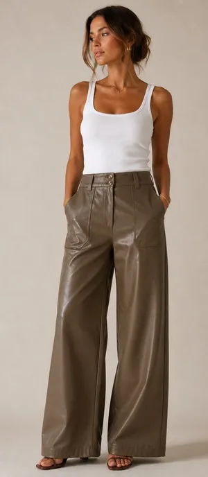 Maeve Anthropologie Women Pants 8 Brown Faux Leather Wide Leg High Rise Pocket thumbnail 1
