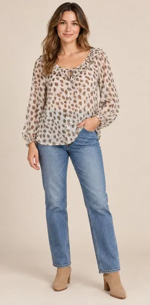 AYR Womens Ruffle Neck Abstract Animal Print Sheer Blouse Brown Cream E2047 L thumbnail 1