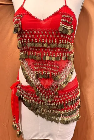 Belly Dance Costume Size M-L Red Golden Coins Halter Top & Hip Scarf thumbnail 1