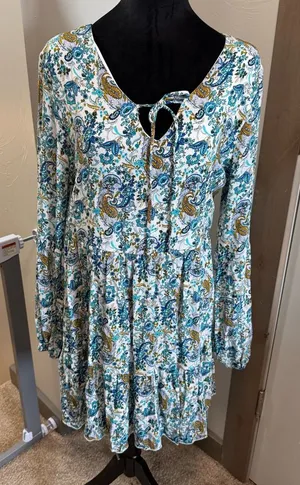 Altar'd State Long Sleeve Tiered Blue White Floral V-Neck Tie Dress Ruffle Flowy thumbnail 1