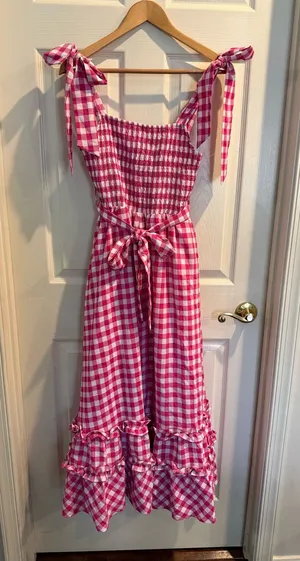 &merci Pink Gingham Smocked Midi Dress thumbnail 1