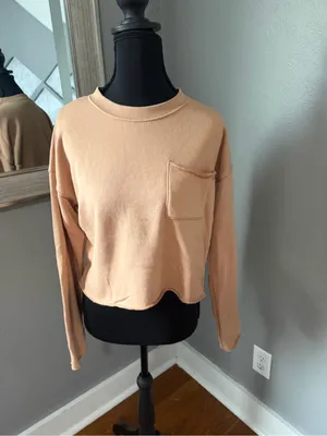 Aerie Pocket Crewneck Crop Sweatshirt Tan Soft Rough Hem XS. thumbnail 2