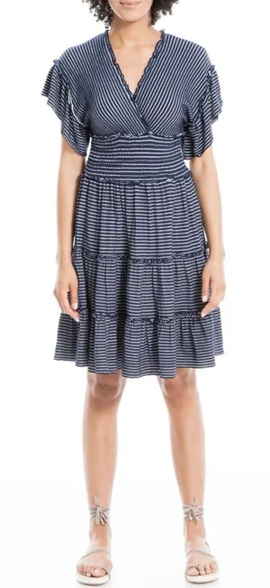 Max Studio Small Navy Jersey Smocked Waist Tiered Stripe‎ Dress Cottagecore thumbnail 1